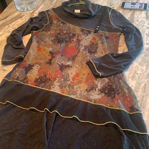 Long sleeve slouchneck dress mesh overlay abstract pattern. Multi-fabric combo.